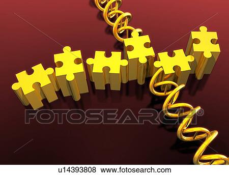 Stock Photo - Jigsaw pieces and dna strand, illustration.. Fotosearch