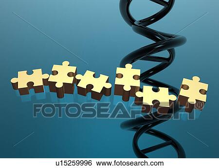Stock Photograph - Jigsaw pieces and dna strand, illustration.. Fotosearch
