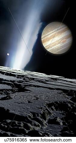 Stock Photography - Jupiter seen from Europa, illustration. Europa is the smallest of the four Galilean moons of Jupiter, and the second closest to the planet. Its surface is icy and relatively smooth. Impacting meteorites cause melting of the surface, allowing the water.... Fotosearch