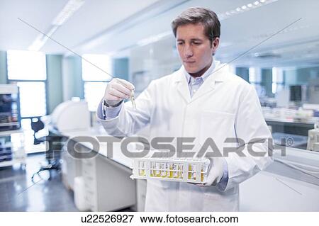 Stock Photo - Laboratory assistant holding medical samples in rack.. Fotosearch