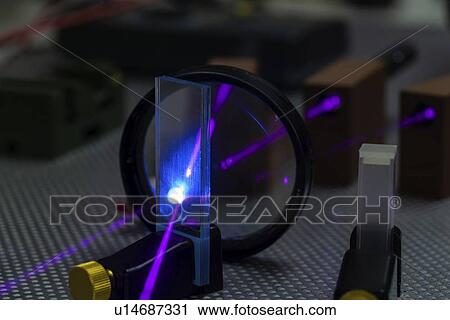 Stock Image - Laser experiment in photonics laboratory.. Fotosearch