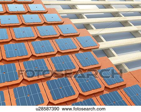 Laying solar shingles or tiles on the roof house. 3d illustration. View Large Photo Image Stock Image - Laying solar shingles or tiles on the roof house. 3d illustration.. Fotosearch