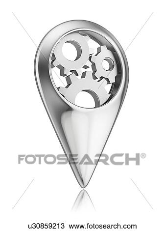 Stock Image - Location pin with gear wheels, illustration.. Fotosearch