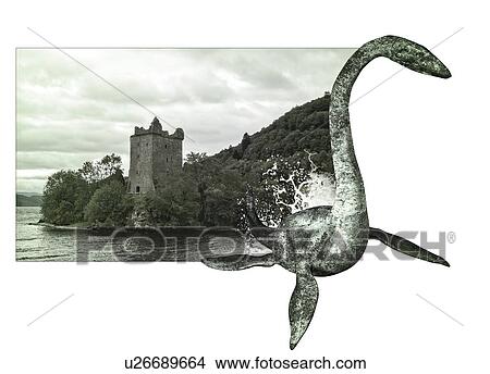 Picture - Loch Ness monster with Urquhart Castle, Scotland, illustration.. Fotosearch