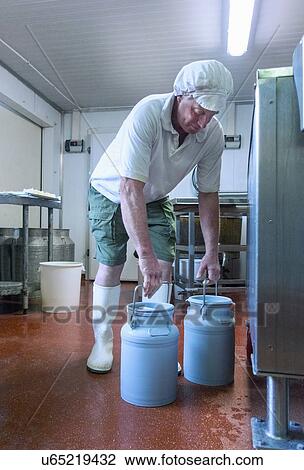 Stock Image - Male cheesemaker picking up milk churns. Fotosearch