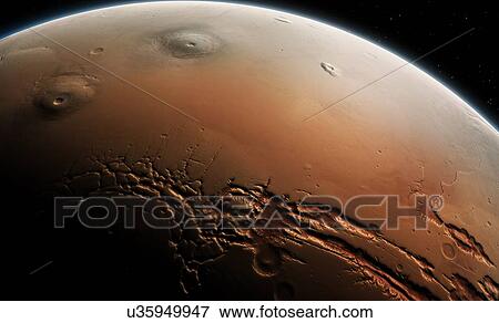Stock Photo - Mars - Tharsis region and Valles Marineris, illustration. Tharsis is a volcanic plateau in Mars' western hemisphere. It is home to several volcanoes, including Olympus Mons (over the limb of the planet, not shown), the largest volcanic feature in the.... Fotosearch