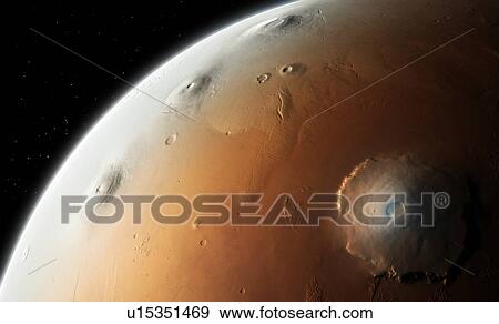 Stock Photo - Mars - Tharsis region. Tharsis is a volcanic plateau in Mars' western hemisphere. It is home to several volcanoes, including Olympus Mons (bottom right), the largest volcanic feature in the Solar System. On the left limb of the planet can be seen the.... Fotosearch