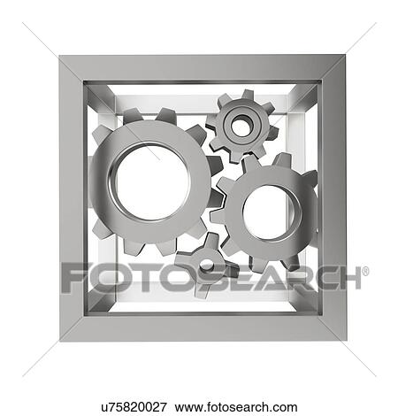 Stock Photo - Mechanical system with gear wheels in a steel frame, illustration.. Fotosearch