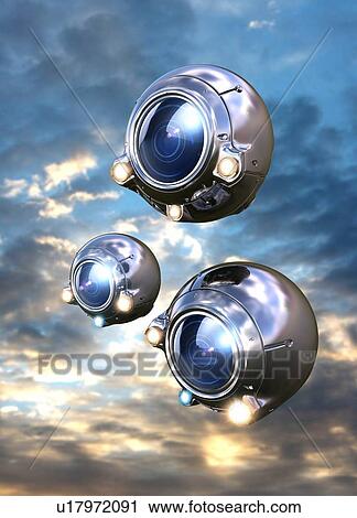 Stock Image - Metal spheres with lenses, illustration.. Fotosearch