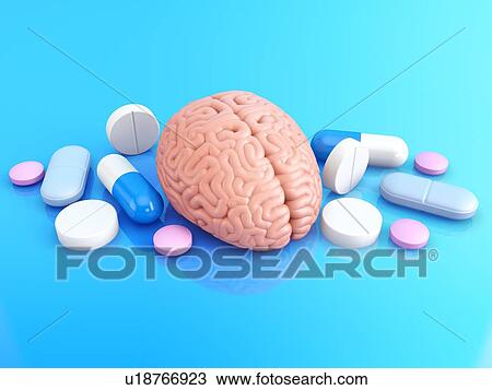 Stock Image - Model of human brain and pills to improve memory. 3D illustration.. Fotosearch