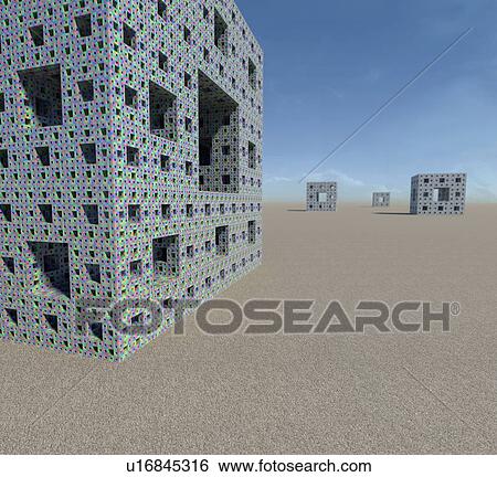 Stock Photograph - Models of the Menger sponge with five iterations. The Menger sponge is a mathematical object, where a cube is successively divided up into 27 sub cubes, which are similarly divided recursively. Each time the centre 7 sub cubes are removed. It is a 3D.... Fotosearch