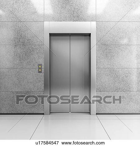 Modern steel elevator with closed doors in contemporary lobby. 3D illustration. View Large Photo Image Stock Photo - Modern steel elevator with closed doors in contemporary lobby. 3D illustration.. Fotosearch