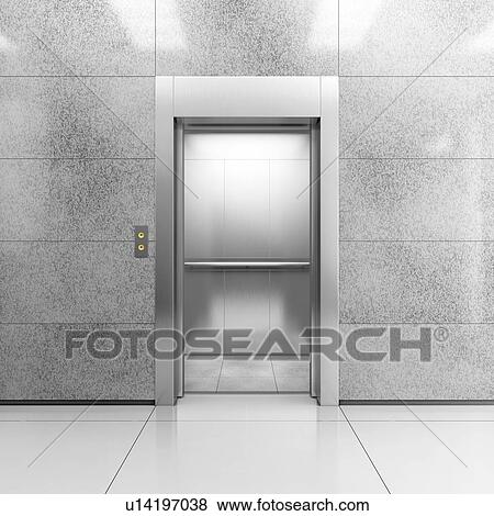 Modern steel elevator with open doors in contemporary lobby. 3D illustration. View Large Photo Image Stock Photo - Modern steel elevator with open doors in contemporary lobby. 3D illustration.. Fotosearch