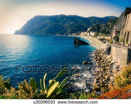 Stock Image - Monterosso al Mare on sunny day, Cinque Terre, Liguria, Italy. Fotosearch