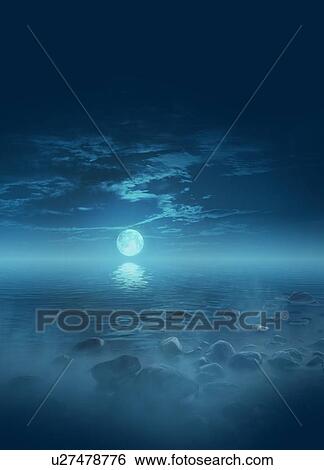 Stock Photograph - Moon reflecting on water, illustration.. Fotosearch