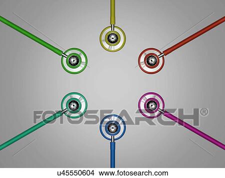 Picture - Multicoloured stethoscopes in a circle against a grey background.. Fotosearch