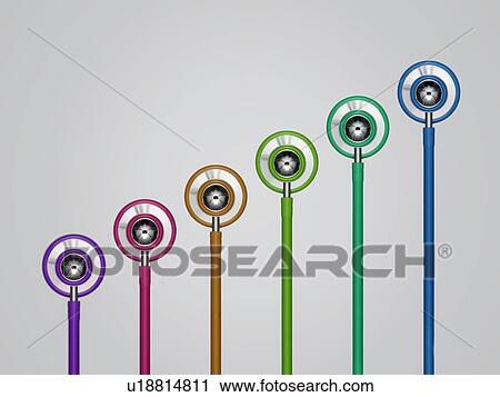 Stock Image - Multicoloured stethoscopes in a row against a grey background.. Fotosearch
