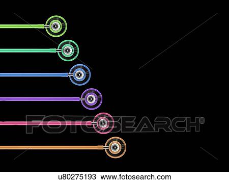 Stock Image - Multicoloured stethoscopes in a row against a black background.. Fotosearch