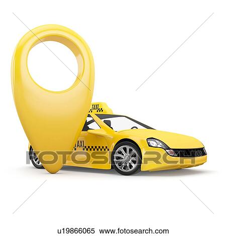 Stock Photography - Navigation pin pointer and yellow taxi on white background, illustration.. Fotosearch
