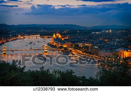 Stock Image - Night view of Chain Bridge, Danube, Gellert Hill, Budapest, Hungary. Fotosearch