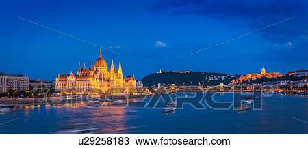 Stock Image - Night view of Parliament building, Gellert Hill, Buda Castle, Budapest, Hungary. Fotosearch
