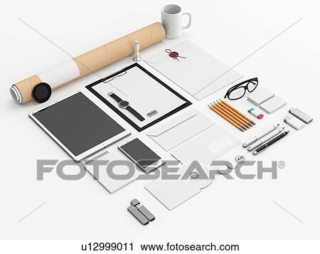 Office equipment, illustration. Tablet, smartphone, smartwatch, paper A4, CD envelope, letterhead, flash drive, business cards, tube. View Large Photo Image Stock Image - Office equipment, illustration. Tablet, smartphone, smartwatch, paper A4, CD envelope, letterhead, flash drive, business cards, tube.. Fotosearch