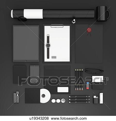 Stock Photo - Office equipment, illustration. Tablet, smartphone, smartwatch, paper A4, CD envelope, letterhead, flash drive, business cards, tube.. Fotosearch