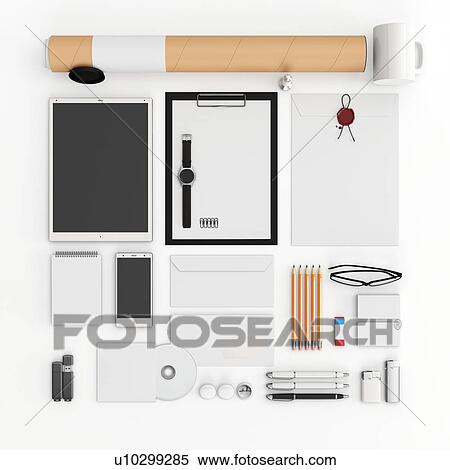 Stock Photography - Office equipment, illustration. Tablet, smartphone, smartwatch, paper A4, CD envelope, letterhead, flash drive, business cards, tube.. Fotosearch