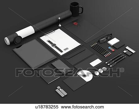 Stock Photography - Office equipment, illustration. Tablet, smartphone, smartwatch, paper A4, CD envelope, letterhead, flash drive, business cards, tube.. Fotosearch