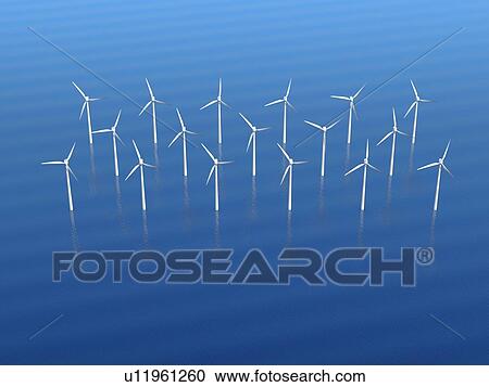 Stock Image - Offshore wind turbine farm. 3D illustration.. Fotosearch