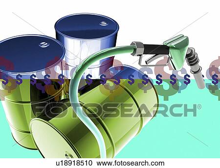 Stock Image - Oil barrels and fuel pump, illustration.. Fotosearch