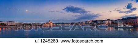 Stock Photo - Panoramic view of Parliament building, Danube, Budapest, Hungary. Fotosearch