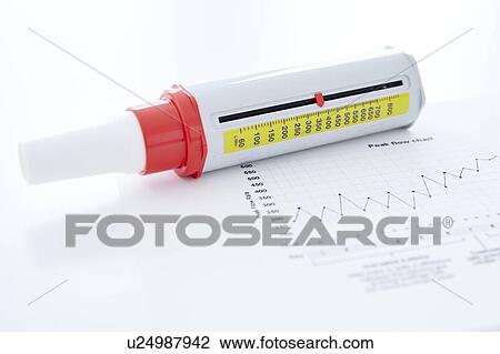 Stock Image - Peak flow meter and chard against a white background.. Fotosearch