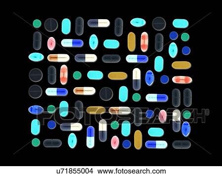 Picture - Pills and capsules against a black background.. Fotosearch