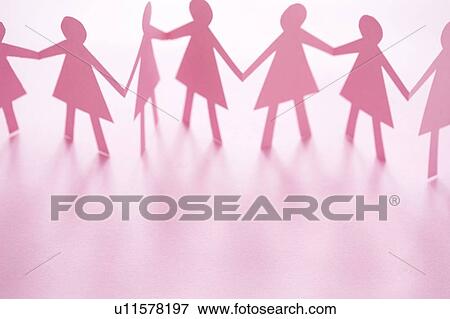 Stock Photo - Pink cut out paper chain female figures against a white background.. Fotosearch