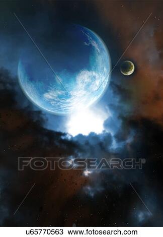 Stock Image - Planet and moon, illustration.. Fotosearch