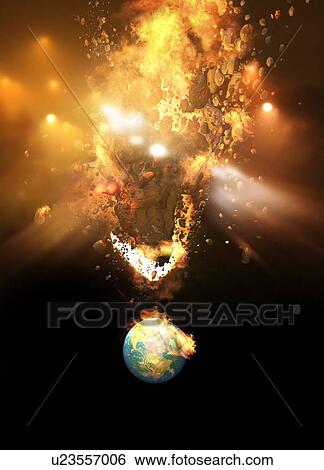 Stock Photograph - Planet being hit by huge meteor, illustration.. Fotosearch