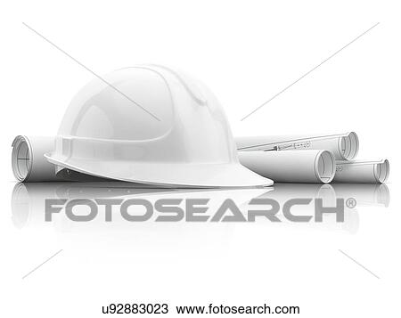 Plastic safety helmet and rolls of blueprints isolated on white background. 3D illustration. View Large Photo Image Stock Image - Plastic safety helmet and rolls of blueprints isolated on white background. 3D illustration.. Fotosearch