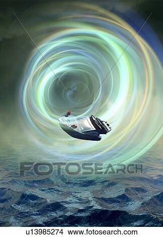 Picture - Power boat in storm over rough sea, illustration.. Fotosearch