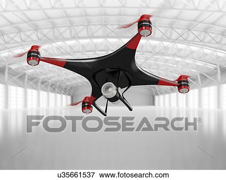 Stock Photo - Quadcopter drone flying in warehouse, illustration.. Fotosearch