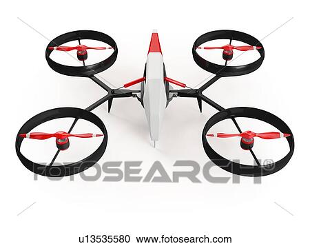 Stock Image - Quadcopter drone with red propeller, illustration.. Fotosearch
