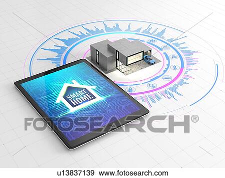Remote control or tablet with app for the smart home on the screen and small model of modern house. 3D illustration. View Large Photo Image Stock Photo - Remote control or tablet with app for the smart home on the screen and small model of modern house. 3D illustration.. Fotosearch