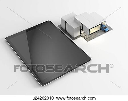 Remote control or tablet with empty screen and small model of modern house. 3D illustration. View Large Photo Image Stock Image - Remote control or tablet with empty screen and small model of modern house. 3D illustration.. Fotosearch