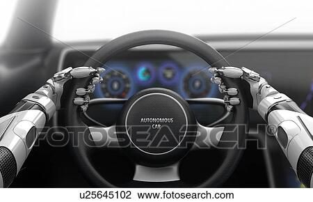 Stock Image - Robot driving car. 3D illustration.. Fotosearch