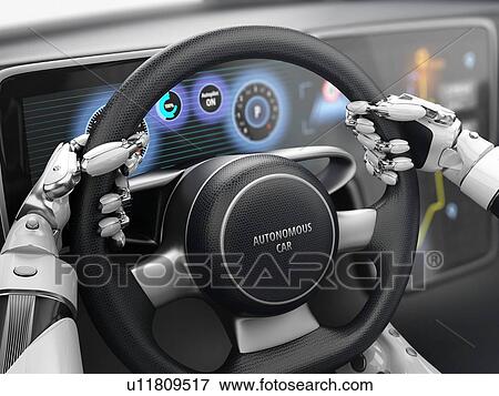 Stock Photo - Robot driving car. 3D illustration.. Fotosearch