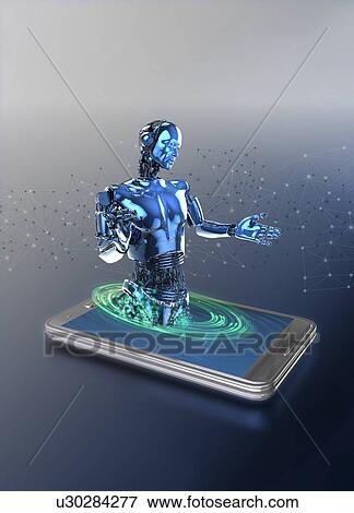 Robot emerging from smartphone screen, illustration. View Large Photo Image Stock Photo - Robot emerging from smartphone screen, illustration.. Fotosearch