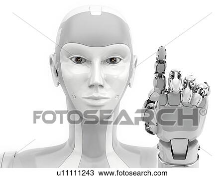 Stock Image - Robot hand points to something on white background. Empty template for representative or advertising modern technology. 3d illustration.. Fotosearch