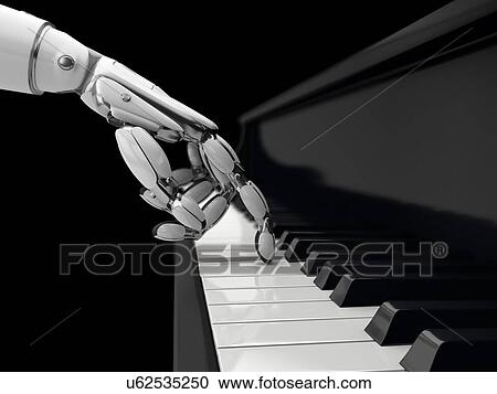 Stock Image - Robot hand presses the key on the piano, the machine learning technology. 3D illustration.. Fotosearch