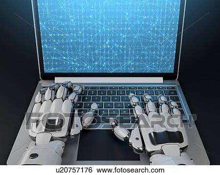 Stock Photograph - Robot writing a programming code on laptop. 3d illustration. Front view.. Fotosearch