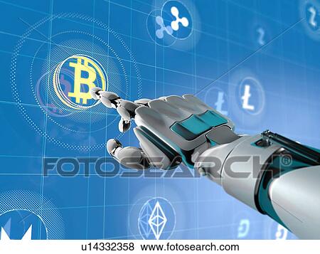 Robotic arm touching symbol of Bitcoin on virtual screen interface with other cryptocurrency. 3d illustration. View Large Photo Image Stock Photo - Robotic arm touching symbol of Bitcoin on virtual screen interface with other cryptocurrency. 3d illustration.. Fotosearch